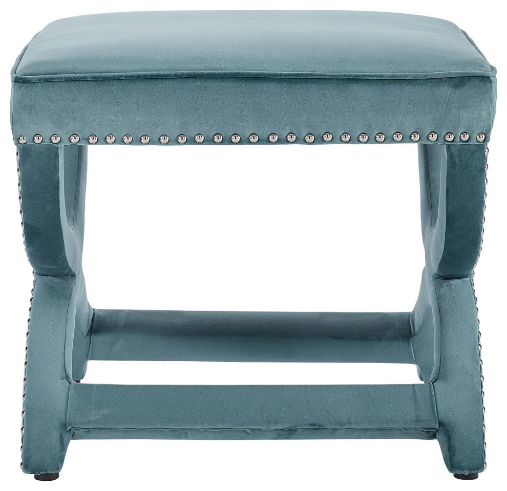 Paul Sea Blue Upholstered Nailhead Trim Performance Velvet Ottoman   Modern   Footstools And Ottomans   by Rustic Home Furniture Deco  Houzz