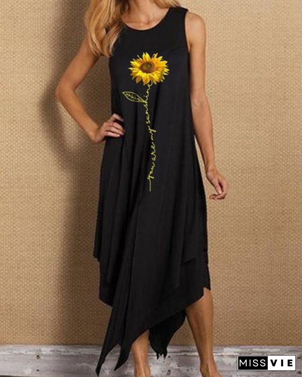 Sleeveless Sunflower Print Irregular Hem Holiday Midi Dress