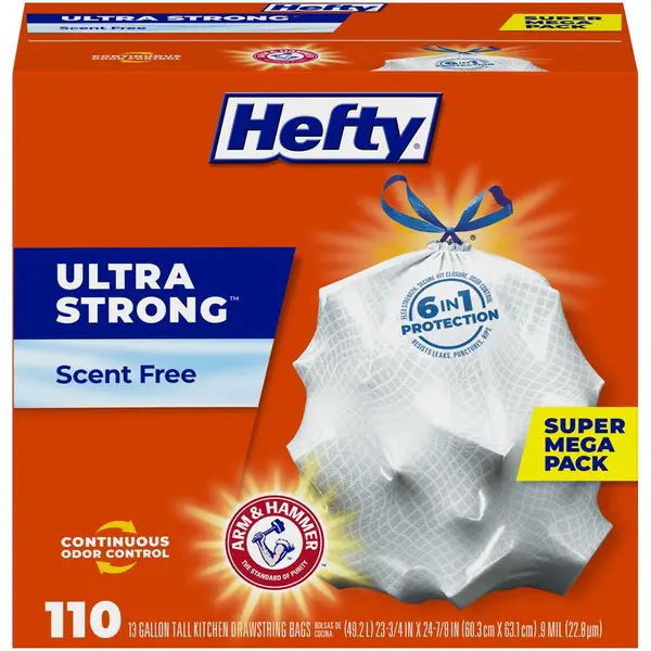 Hefty 110-Count 13 Gallon Scent Free Ultra Strong Tall Kitchen Trash Bags