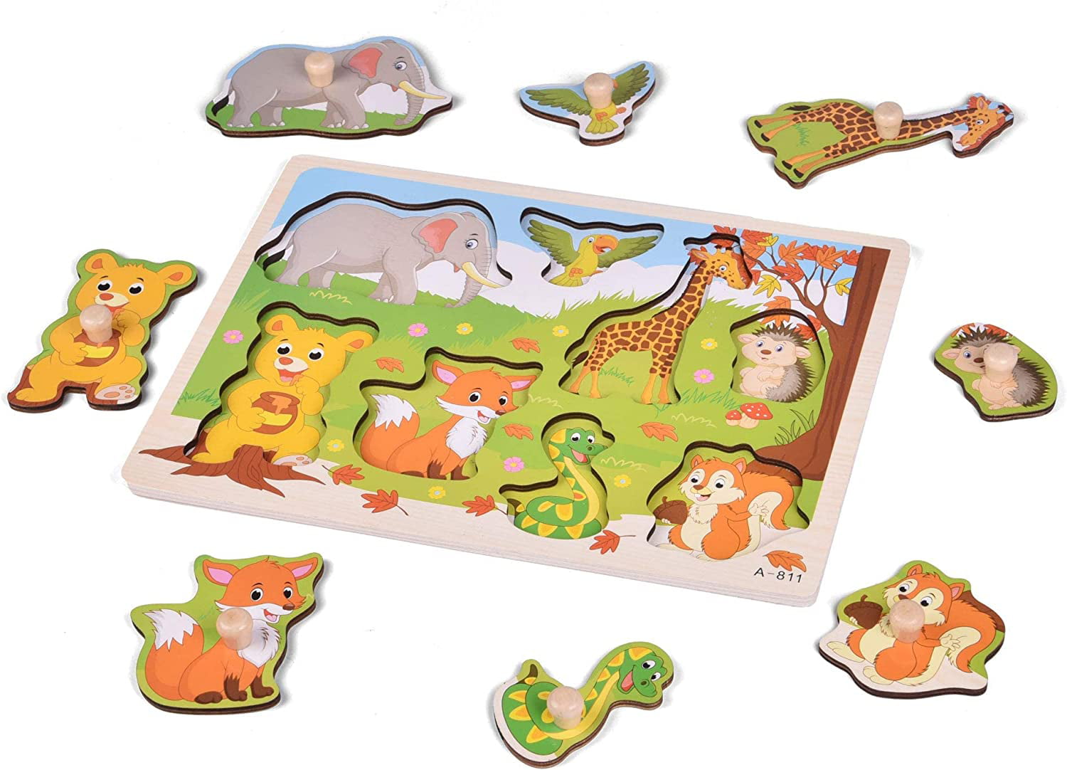 Fun Little Toys Wooden Peg Puzzles for Toddlers 2 3 Years Old，WOOD CITY Alphabet and Number Puzzles for Kids，5 Pcs Toddler Puzzles Set-Letters，Animals and Vehicles， Learning Toys Gift for Girls and Boys