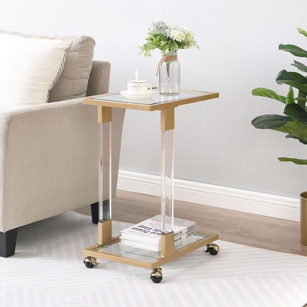 Mieres Modern Style Tempered Glass Top C Shape Side Table， Living Room Rolling End Table with Metal Frame