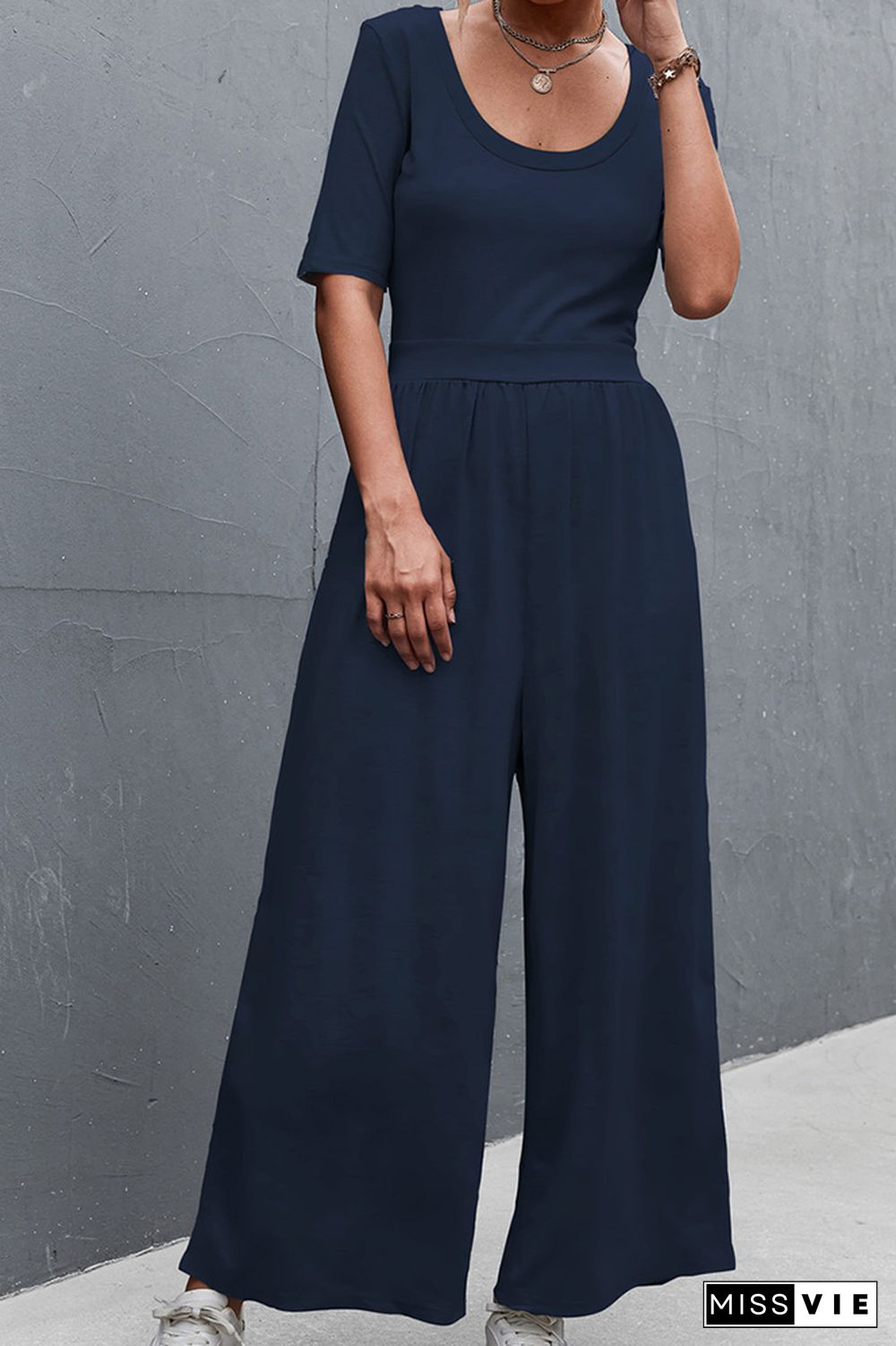 Solid Color Short Sleeve Wide Leg Jumpsuit Wholesale