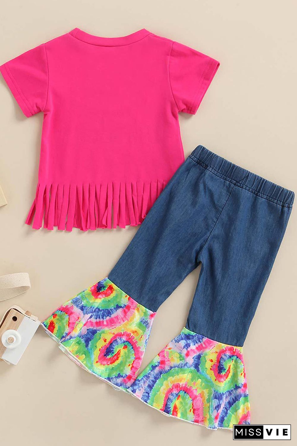 Tassel Top & Tie Dye Denim Flare Pants 2PCS Set Wholesale