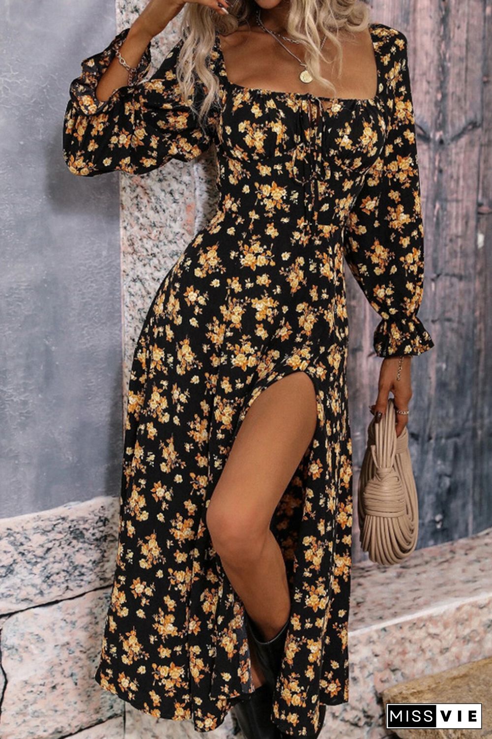 Floral Printed Square Neck Split Collar High Split Maxi Dress