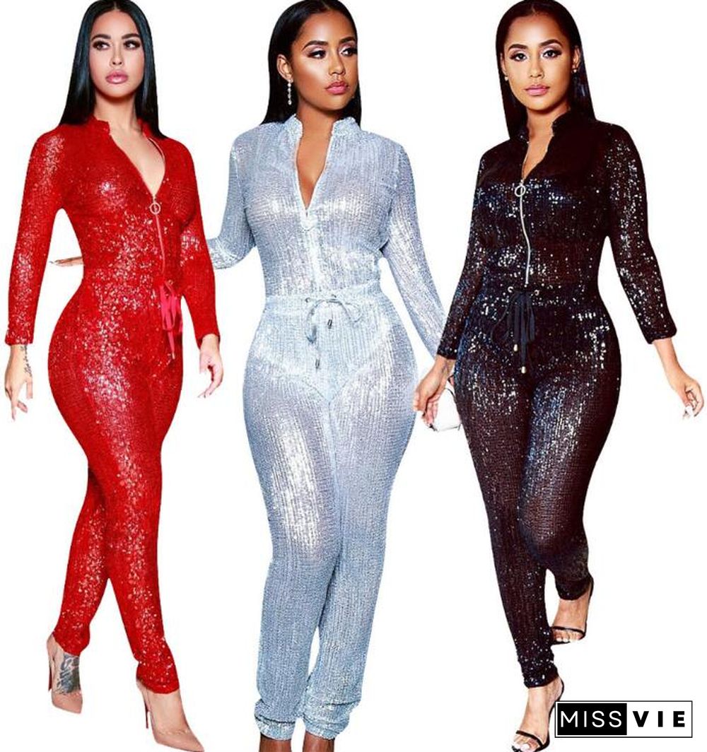 Fashion Sequins Loose Zipper Nightclub Jumpsuit