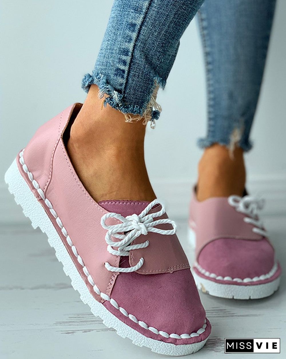 Colorblock Lace-up Casual Slip-On Flats