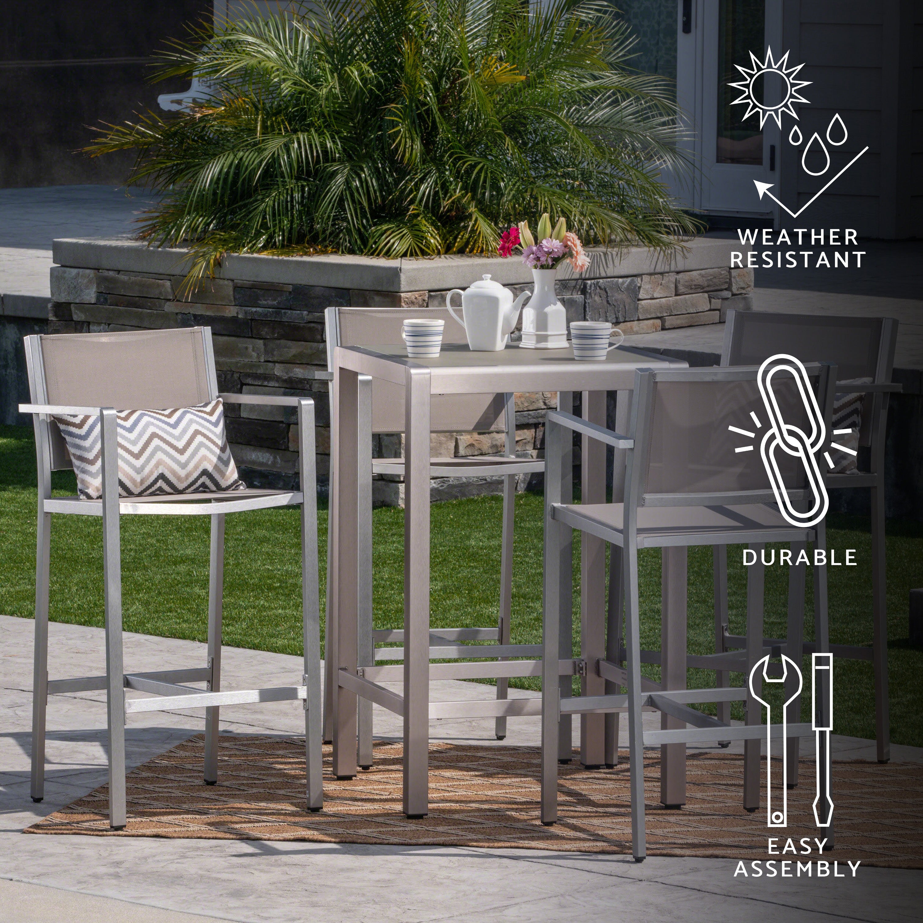 Tracy Outdoor 5 Piece Silver Rust-Proof Aluminum Bar Set with Grey Mesh Seats and Grey Tempered Glass Top Bar Table