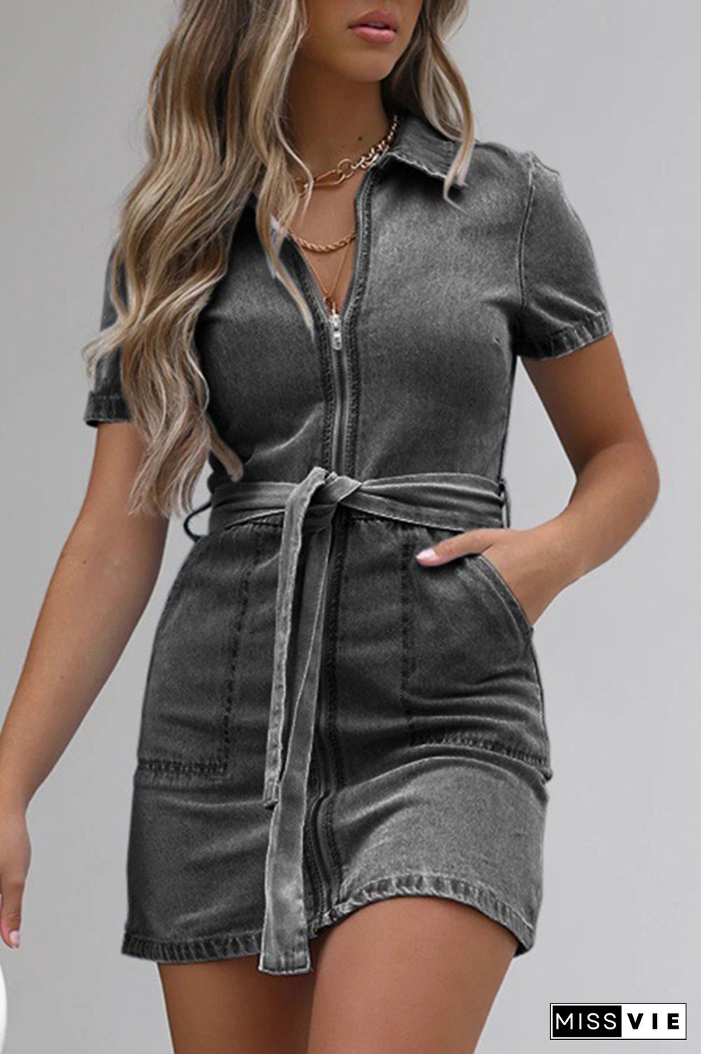 Denim Zip Front Mini Dress Wholesale