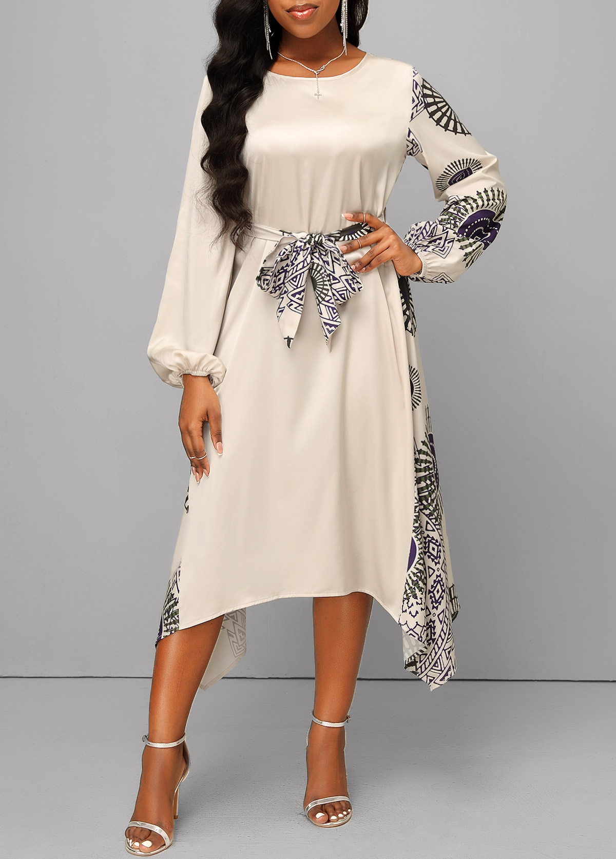 Tribal Print Handkerchief Hem Belted Beige Dress
