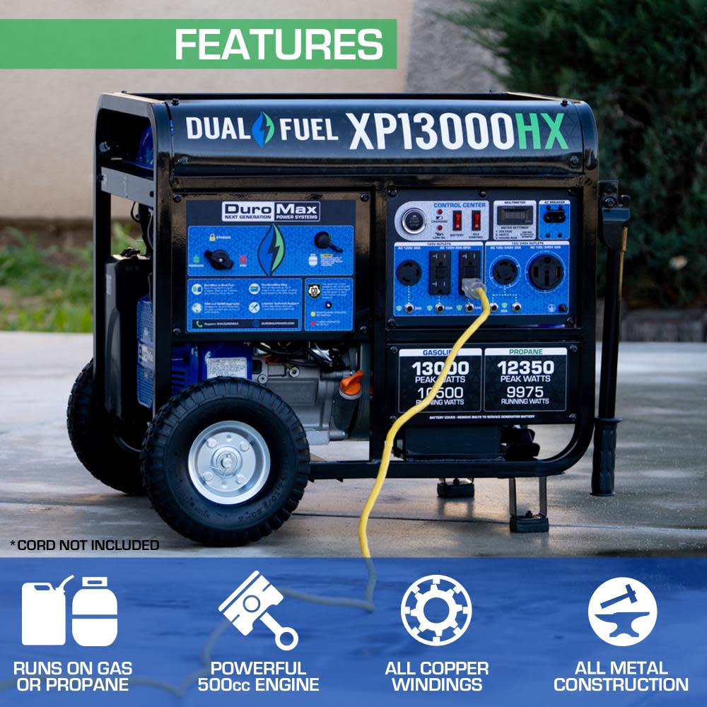 DuroMax Generator with CO Alert 13000Watt 500cc Dual Fuel Gas Propane Portable ;