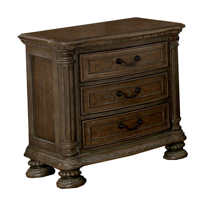 Wooden Nightstand with 3 Drawers and Intricate Carving Details， Brown