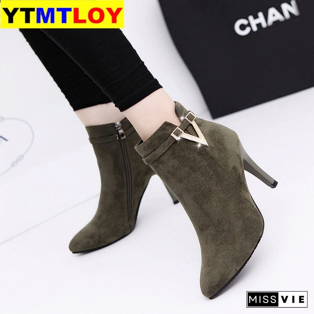 New Women Boots Ankle Pu Leather Zipper Booties High Heels Autumn Shoes Black Winter Boots Zapatos De Mujer  Pointed Toe