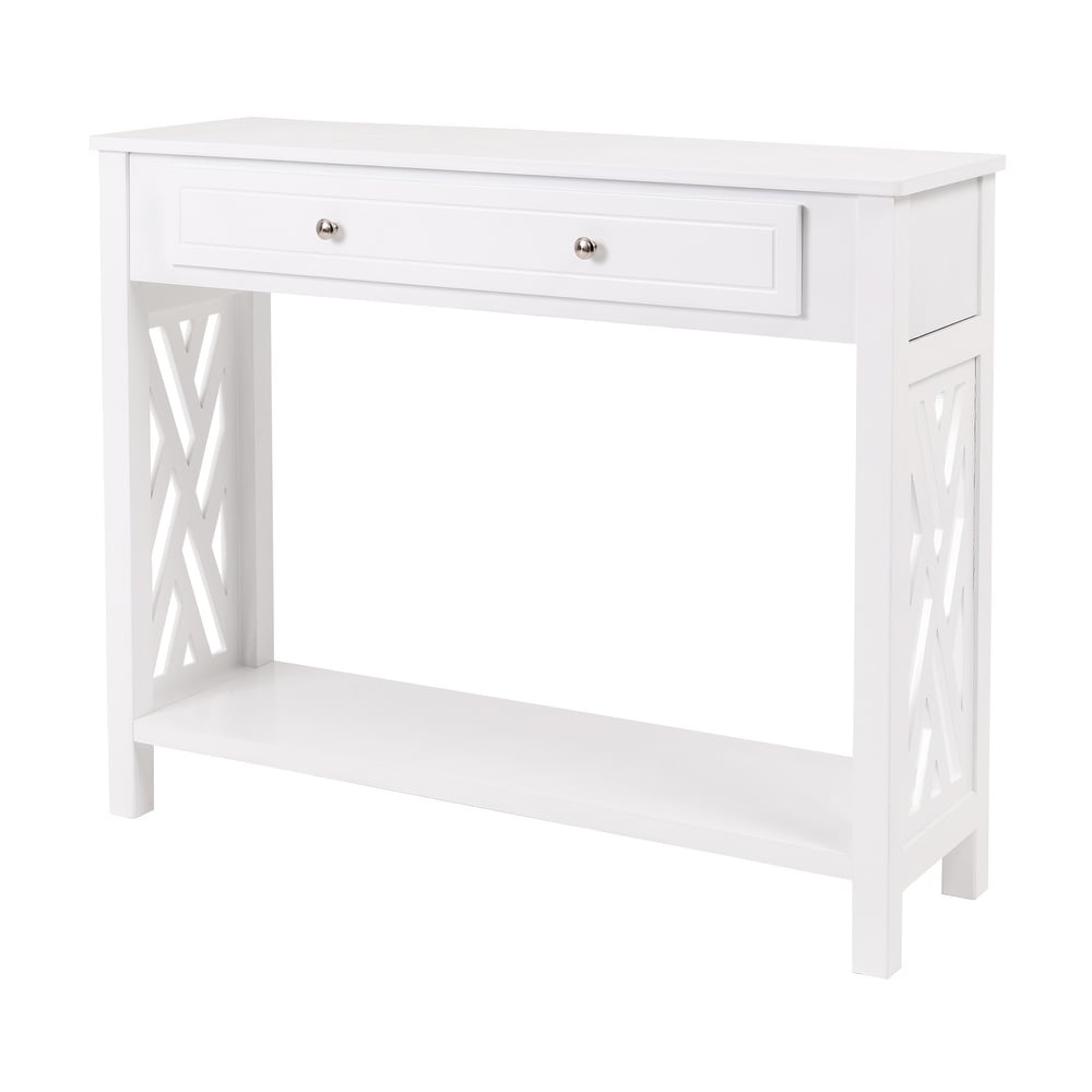 Wood Console Table Entryway Table with Drawer and Shelf  White