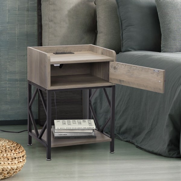 Set of 2 Nightstand End Table with Charging Station， Adjustable Foot Pads