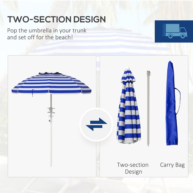 Outsunny 5 7 x27 Beach Umbrella With Cup Holders Hooks Vented Canopy Portable Outdoor Umbrella Blue Stripe