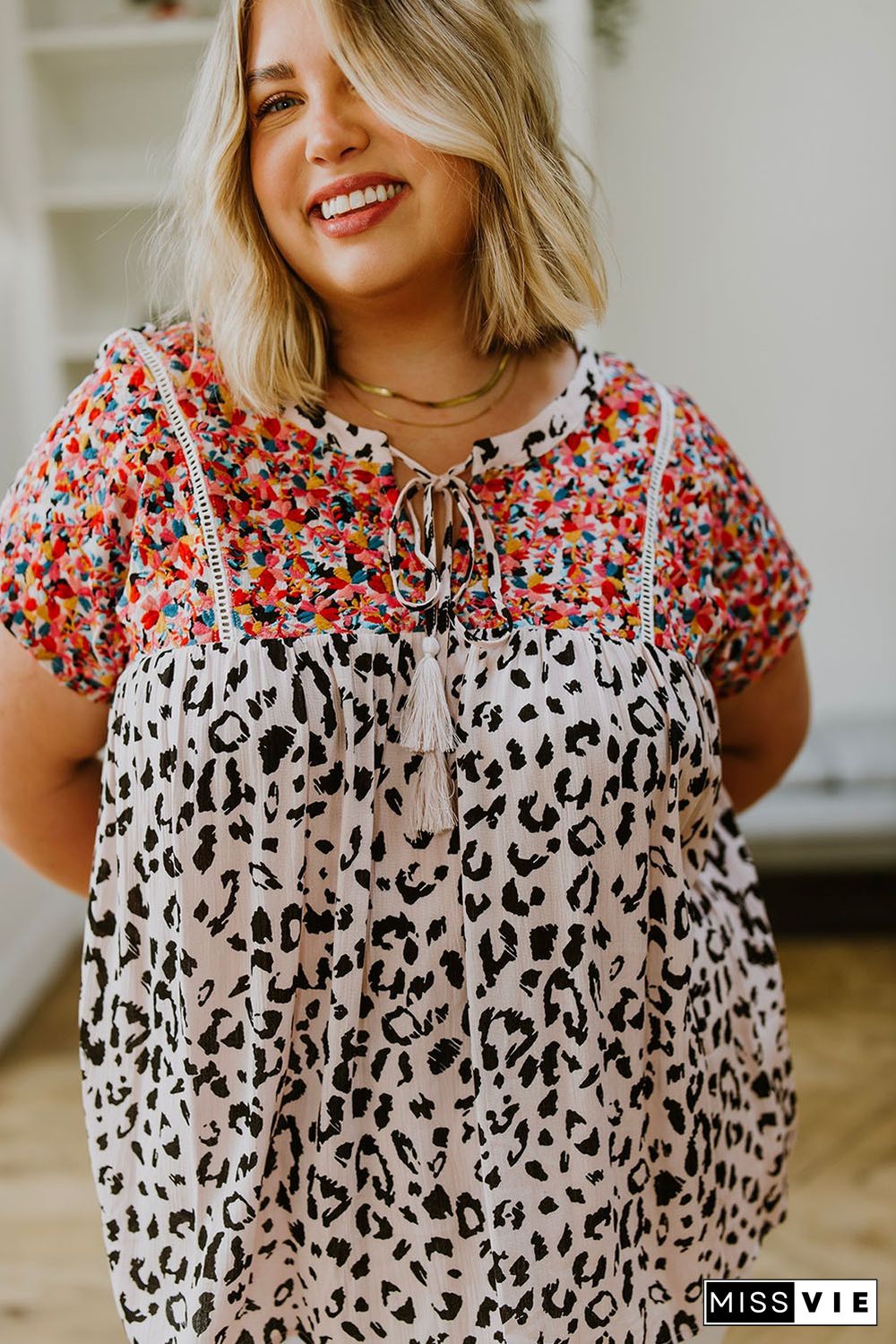 Plus Size Boho Leopard Print Short Sleeve Blouse