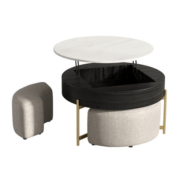 Lifting-top Round Modern Coffee Table with 3 Nesting Stool， Carbon Steel Legs