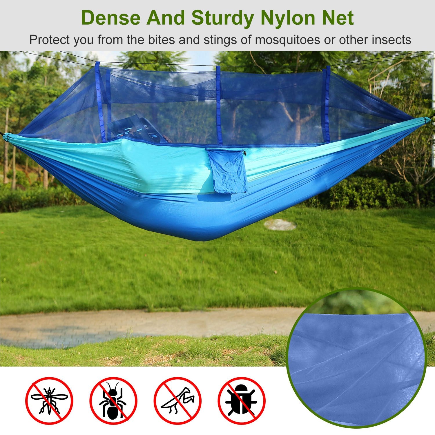 iMounTEK Camping Hammock with Mosquito Net 2 People Portable Hiking Tent with Strap Hook Carry Bag 102x55in - Reversible, breathable, Lightweight, Ripstop Nylon -  Blue