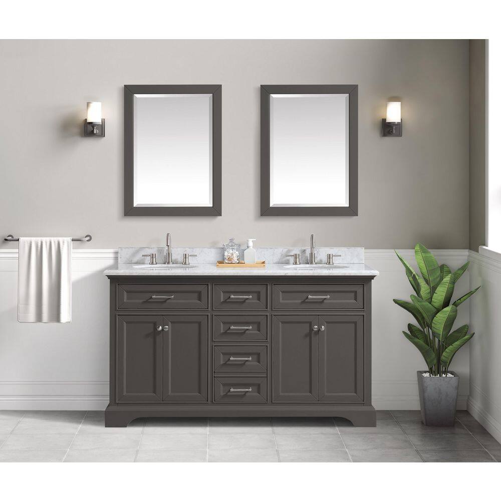 Home Decorators Collection Windlowe 61 in. W x 22 in. D x 35 in. H Freestanding Bath Vanity in Gray with Carrara White Marble Marble Top 15101-VS61C-GR