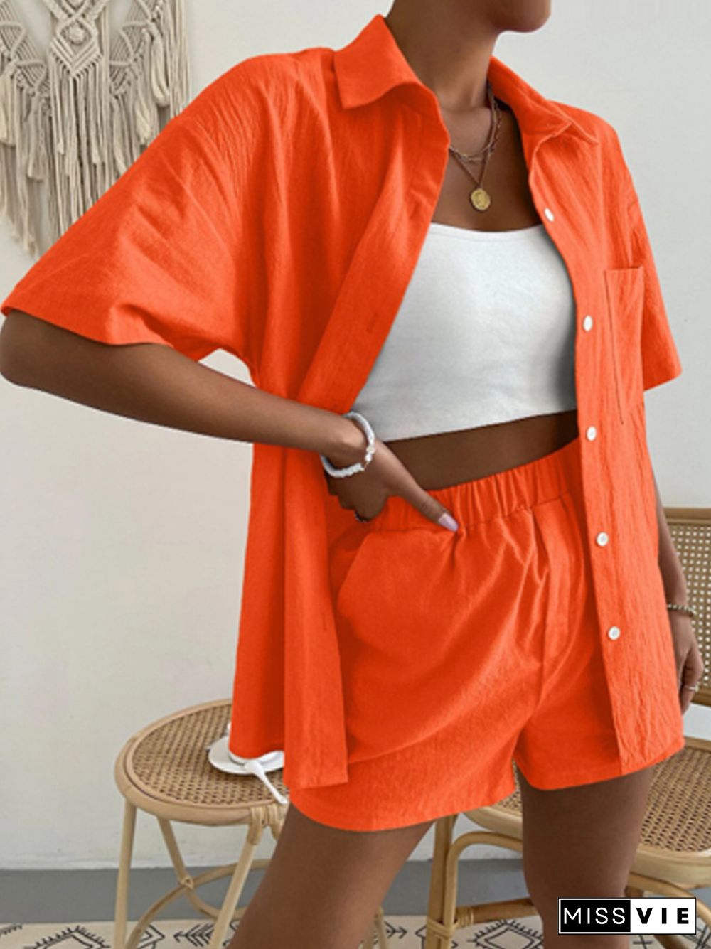 Long Sleeve Single-breasted Top + Broad-legged Shorts Set Fashion Ladies Sexy Solid Suits Summer 2 Piece Outfits For Women