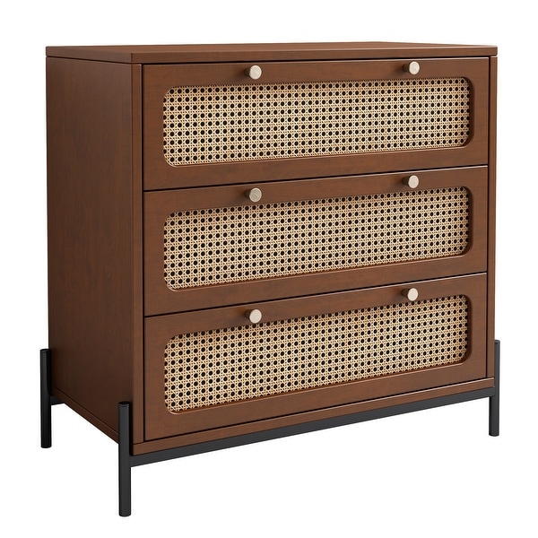 Modern Cannage Rattan Wood Closet 3-Drawer Chest Wood Storage Cabinet Sideboard - - 37970418