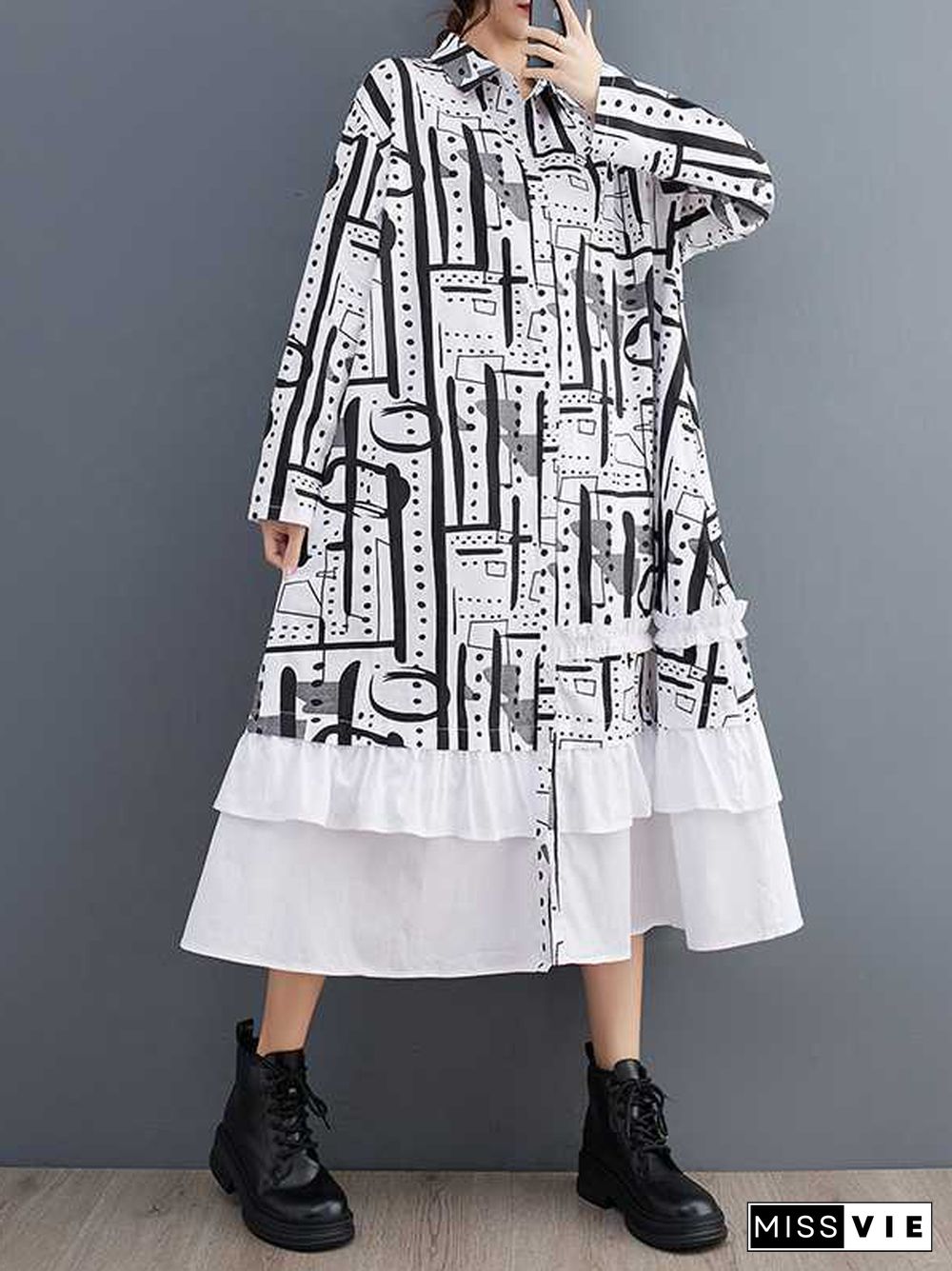 A-Line Long Sleeves Asymmetric Buttoned Printed Split-Joint Lapel Midi Dresses