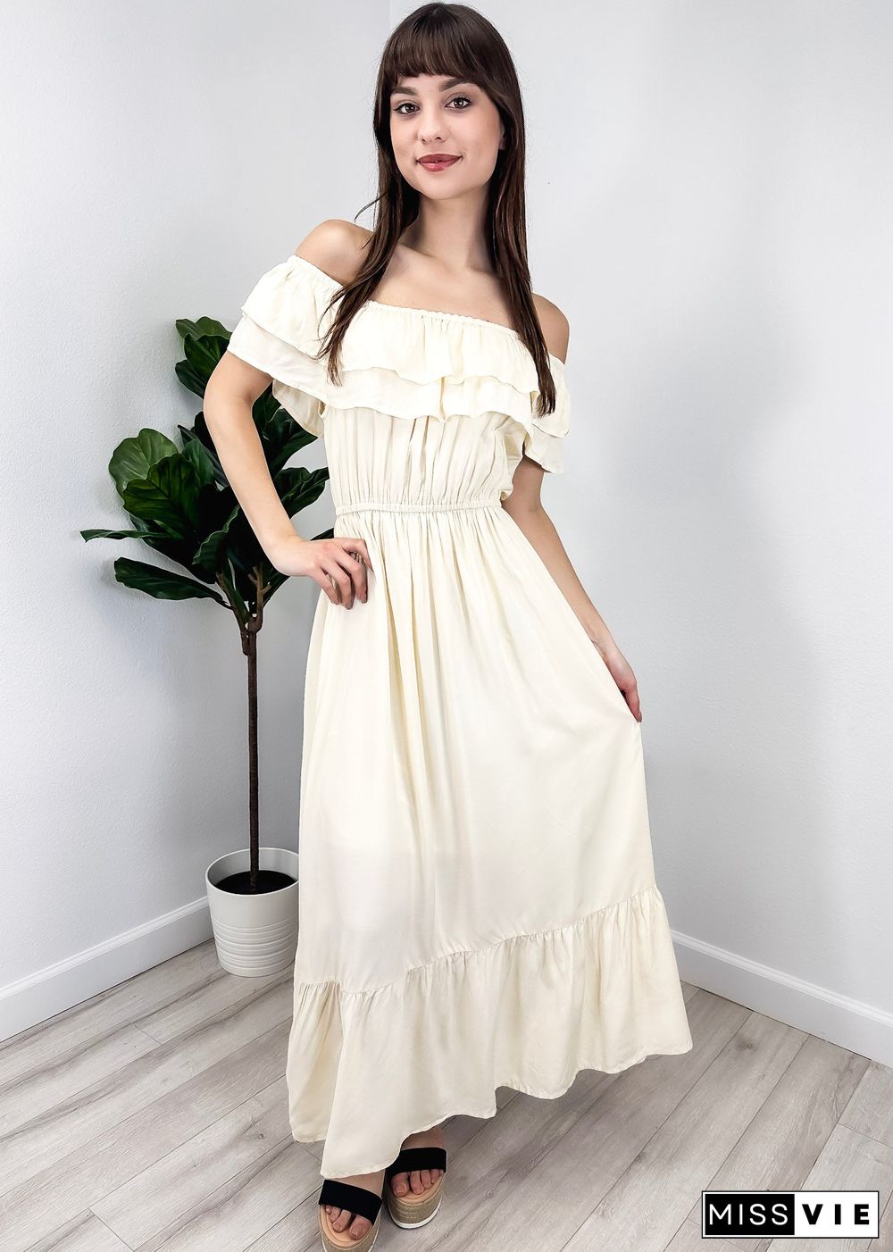 Grecian Ruffle Stretch Maxi Long Dress