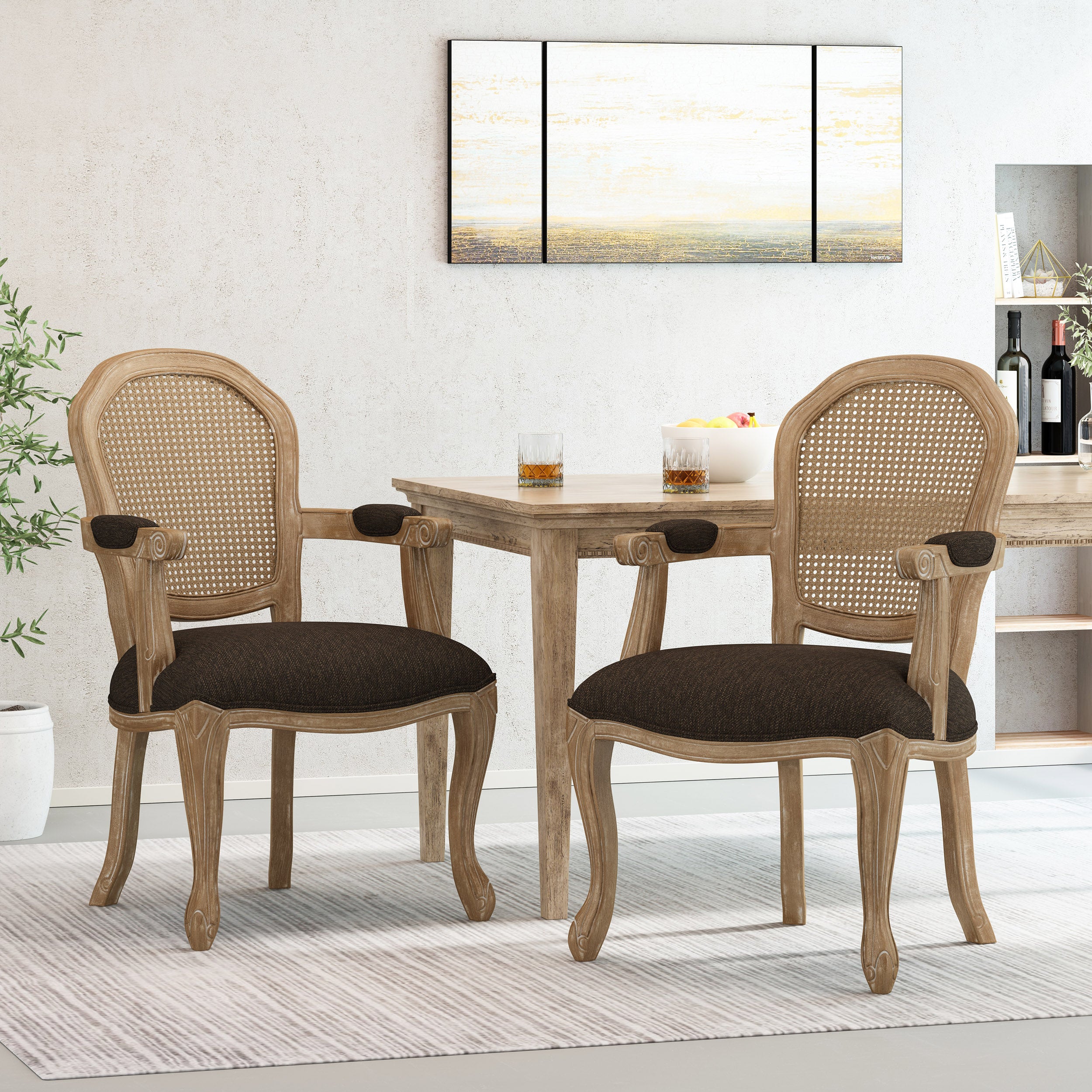 Mariette French Country Wood and Cane Upholstered Dining Chair, Set of 2