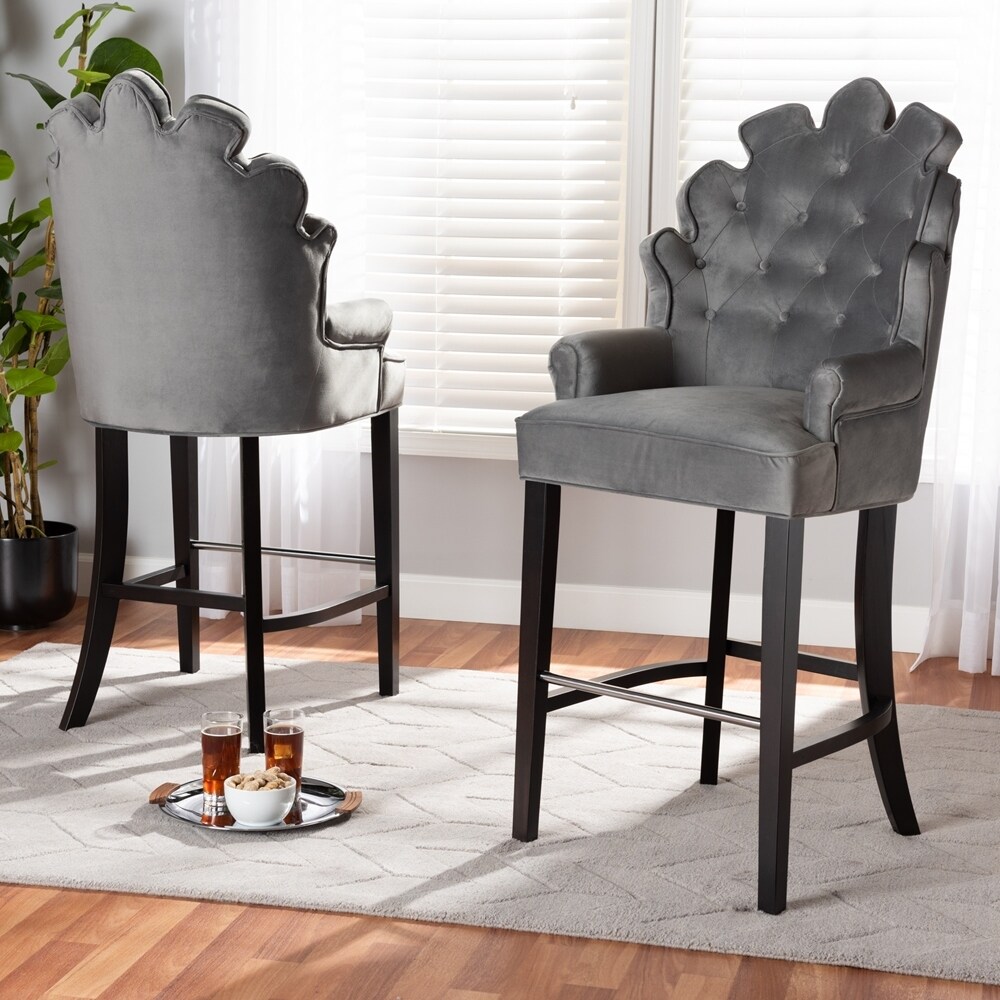 Chloe Modern and Contemporary Dark Grey Velvet Upholstered and Dark Brown Finished Wood 2 Piece Bar Stool Set