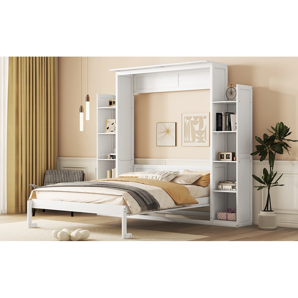 Queen Size Luxury Murphy Bed  Foldable Wall Cabinet Bed with Storage or Display Shelves and LED Lights