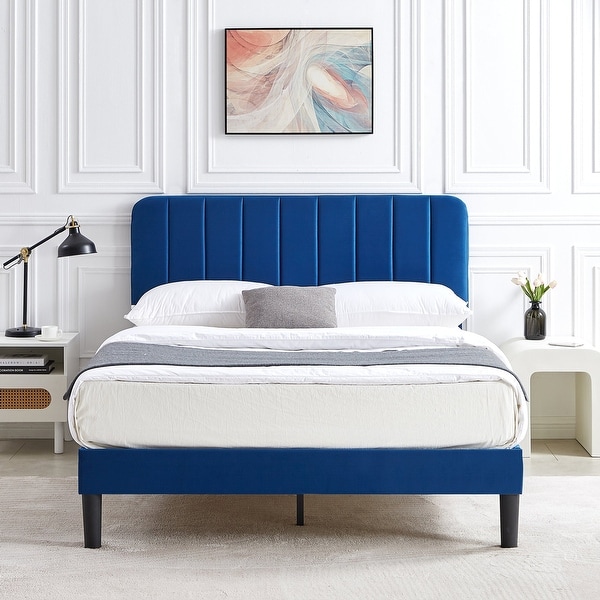 Javlergo 3-Piece Modern Bedroom Set with Upholstered Bed Frame and 2 Nightstand， Blue - - 37904706