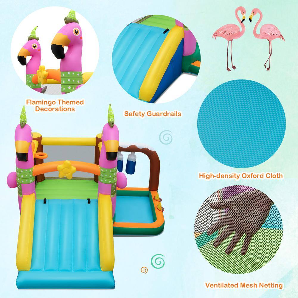 Costway Flamingo-Themed Bounce Castle 7-in-1 Kid Inflatable Jumping House Bounce House Without Blower NP10857