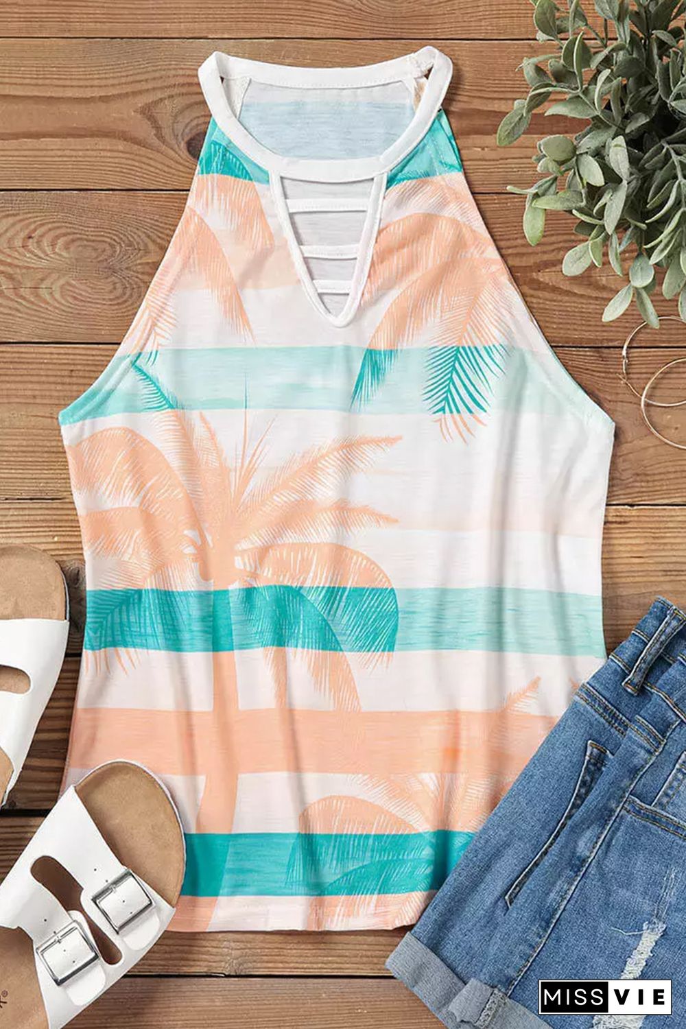 White Coconut Tree Striped Keyhole Neck Tank Top