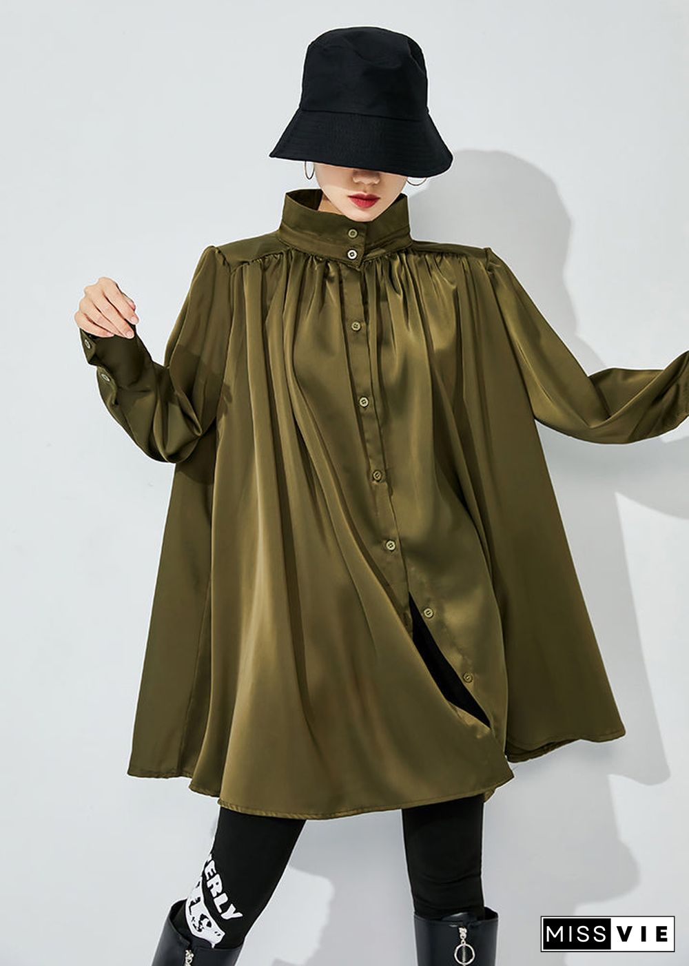 Army Green Draping Silk Shirt Top Oversized Wrinkled Spring