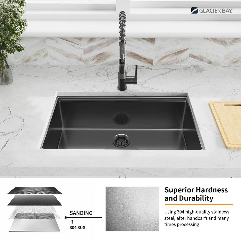 Glacier Bay 32 in. Gunmetal Black Stainless Steel Single Bowl Undermount Workstation Kitchen Sink with Black Spring Neck Faucet ACS3219A1-FW