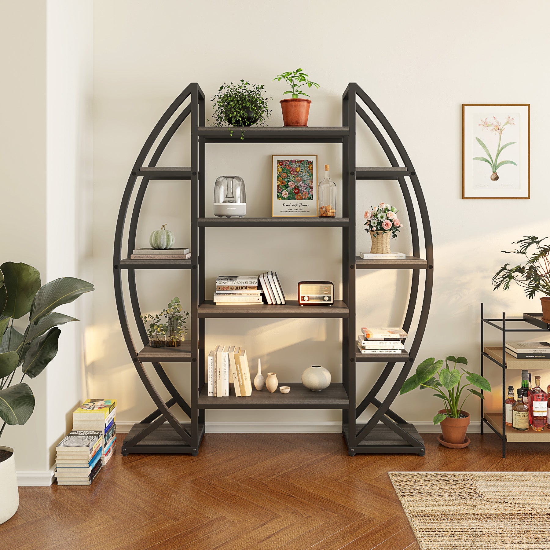 Industrial Bookshelf, Oval Triple Wide Etagere Bookcases Display Shelves