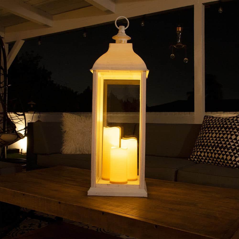 Alpine Corporation 28 in. Tall Outdoor Battery-Operated Lantern with LED Lights, White IVY100HH-L