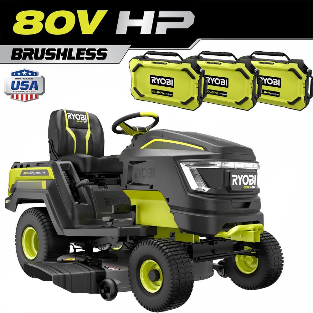 RYOBI 80V HP Brushless 42 in. Battery Electric Cordless Riding Lawn Tractor with (3) 80V 10Ah Batteries and Charger RYRM8060