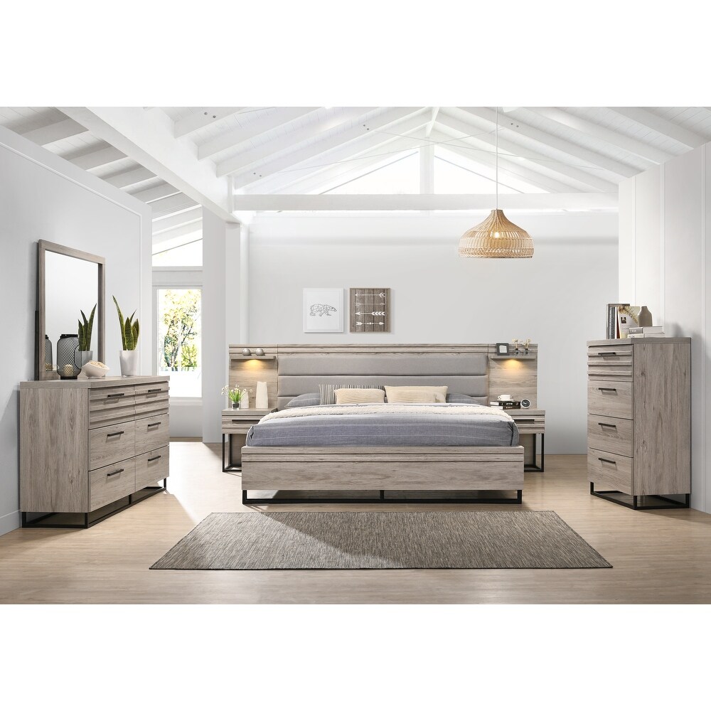 Roundhill Furniture Alvear Wallbed Bed with White LED Lights  Dresser  Mirror  Chest  and 2 Nightstands  Weathered Gray