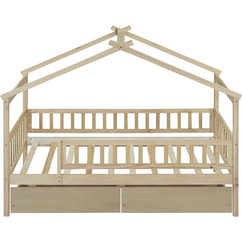 Twin House Bed with 2 Storage Drawers Rails and Roof for Kids