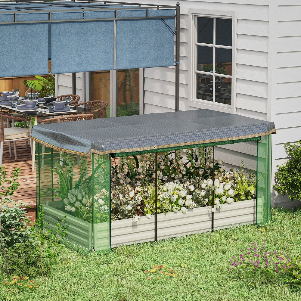 Outsunny Galvanized Raised Garden Bed with Crop Cage Plant Protection Net and Shade Cloth  Metal Planter Box