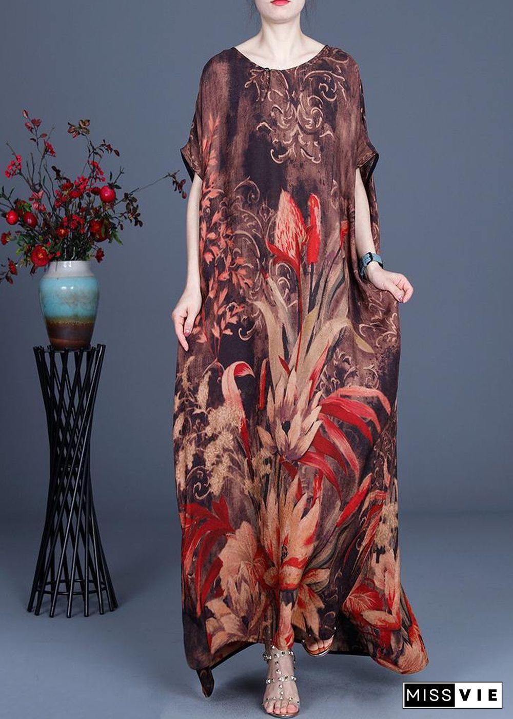 Casual Chocolate Print Silk Asymmetrical Design Low High Design Dresses Summer