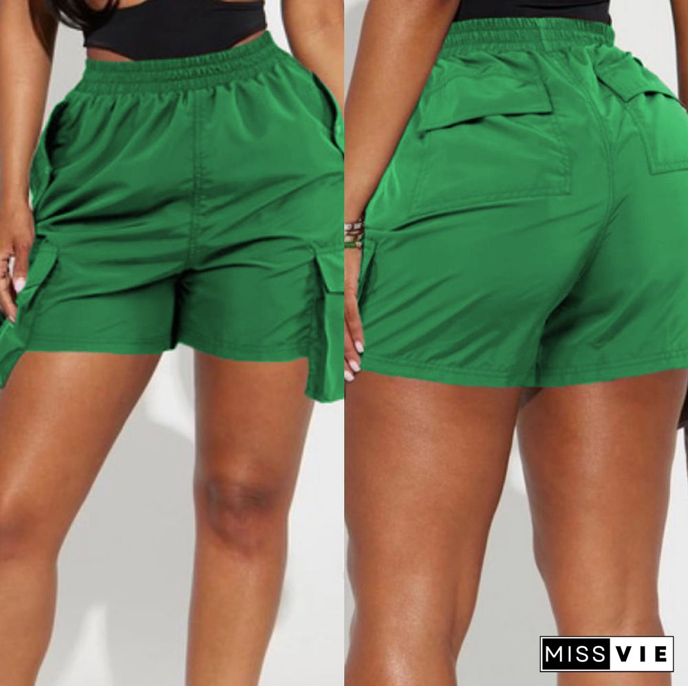 Solid Color High Waist Pockets Cargo Shorts