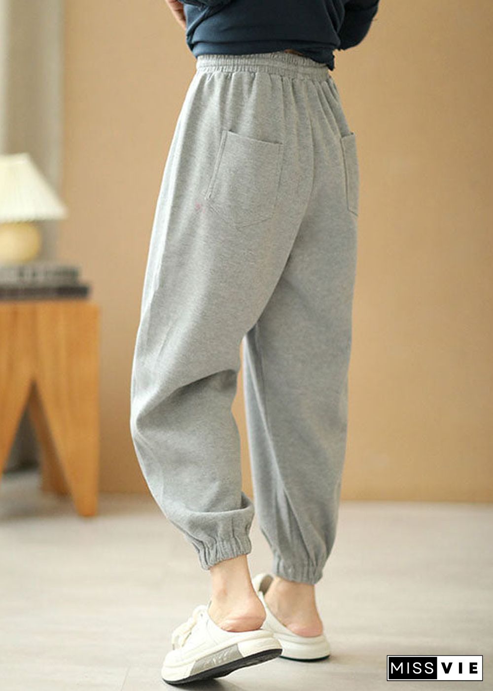 Women Grey Tie Waist Pockets Harem Fall Pants Cotton