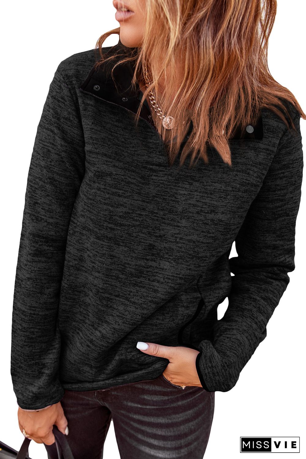 Black Heathered Turn-down Collar Pullover Sweatshirt