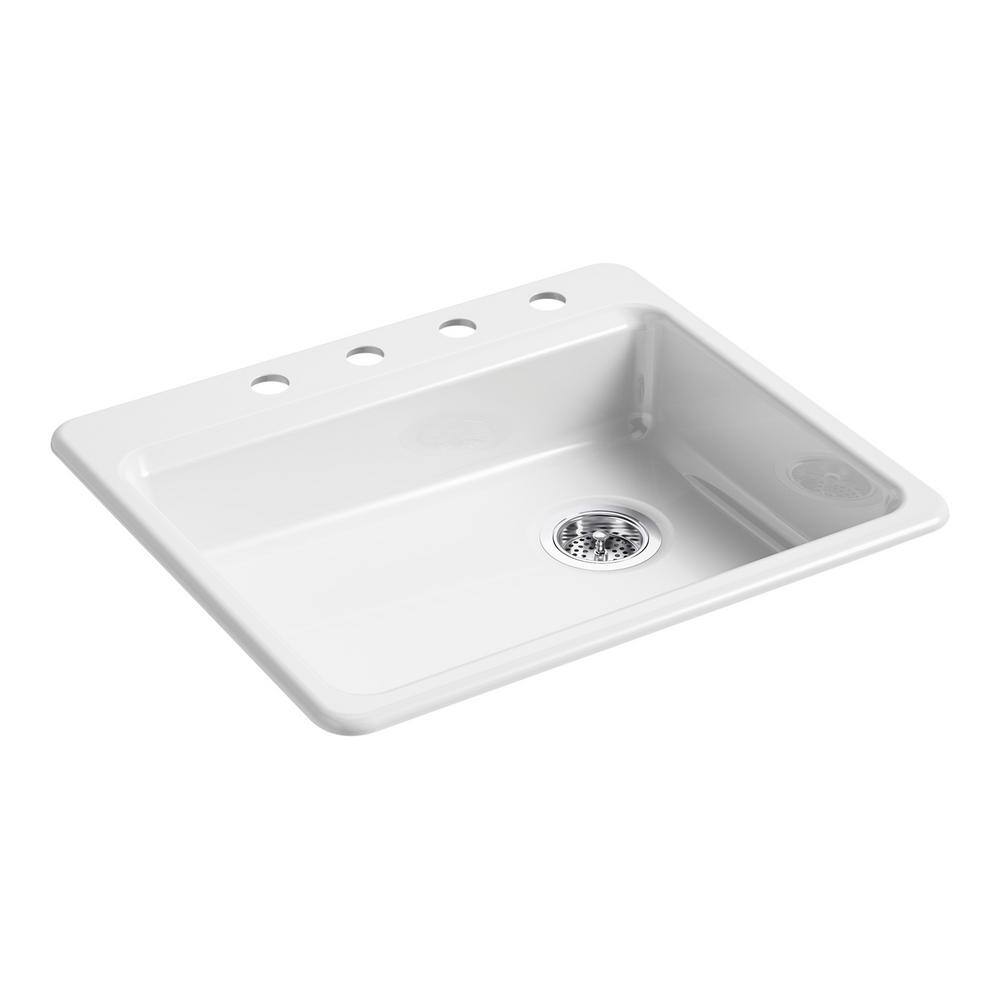 KOHLER Riverby Drop-In Cast Iron 25 in. 4-Hole Single Basin Kitchen Sink in White K-5479-4-0