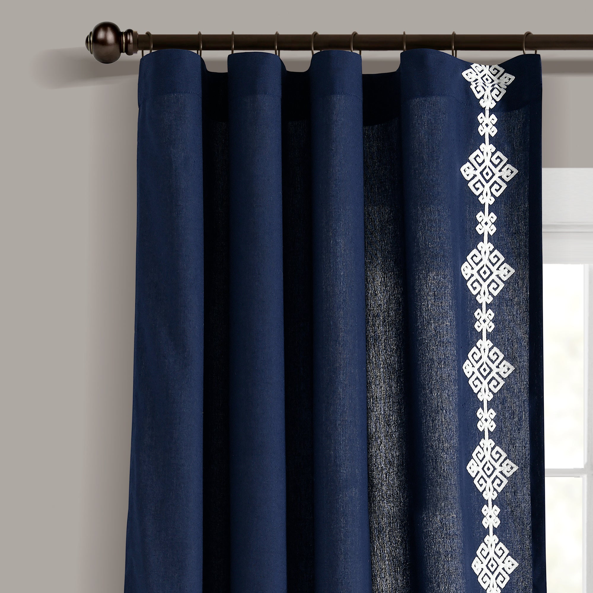 Luxury Modern Geo Linen Like Embroidery Border Window Curtain Panel