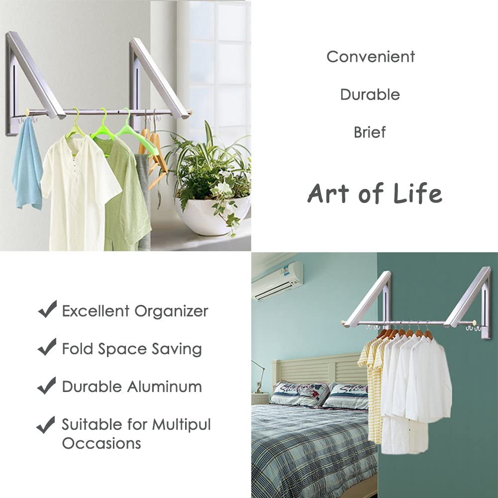 Retractable Clothes Hanger Rack,Wall Mounted Clothes Rack,Foldable Clothes Hook with Clothes Rail,Aluminum Laundry Drying Rack for Balcony, Bedroom, Bathroom, Indoor, Outdoor