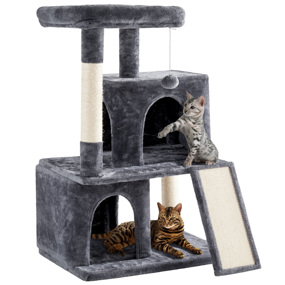 Topeakmart 42'' Double Condo Cat Tree Tower Scratching Posts， Dark Gray