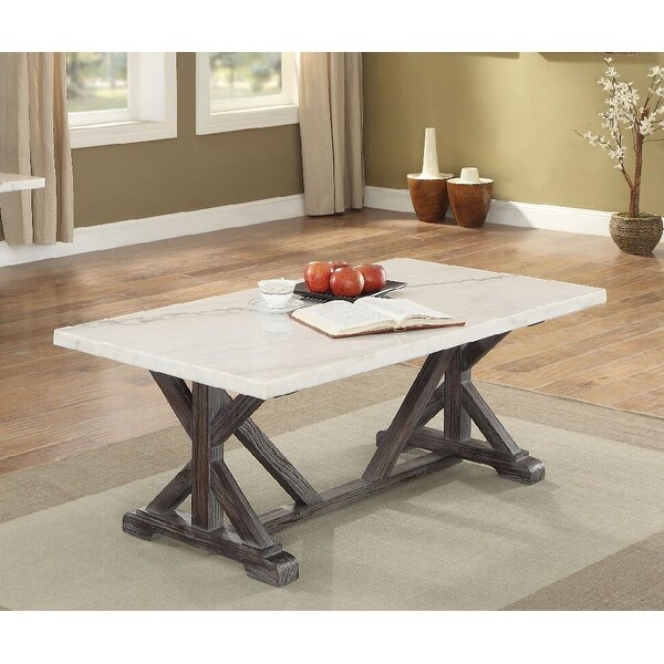 Transitional Style Coffee Table in White Marble and Weathered Espresso